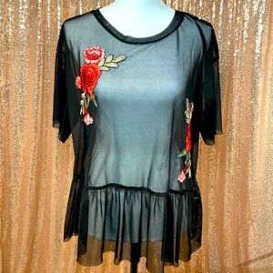 Shein Sheer Black Appliqué Top Size XL